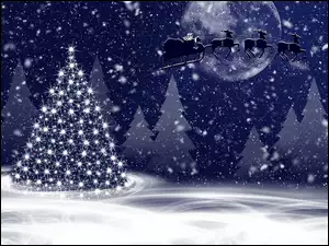 Grafika choinki i zaprzęgu Mikołaja w zimową śnieżną noc