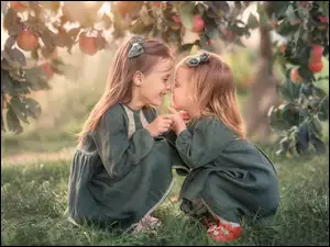 Dwie dziewczynki w sadzie jabłkowym