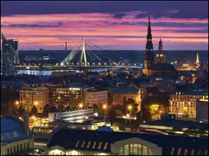 Łotwa, Miasto, Ryga, Most, Rzeka Dźwina, Domy, Kościół, Wschód słońca, Katedra