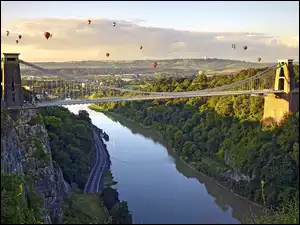 Anglia, Avon River, Bristol, Clifton Suspension Bridge, Balony, Skały, Lasy, Rzeka, Most