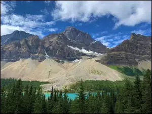 Jezioro, Kanada, Góry, Bow Lake, Alberta, Canadian Rockies, Drzewa, Park Narodowy Banff