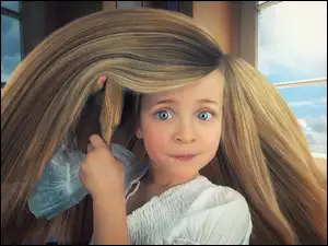 Dziewczynka czesząca bujne włosy włosy w grafice