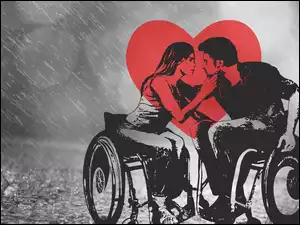 Zakochani, Wózki, Miś, Niepełnosprawni, Serce, Deszcz, Inwalidzkie