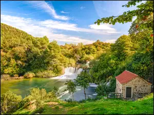 Dom z widokiem na rzekę i wodospad pośród zielonych drzew