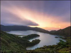 Portugalia, Lagoa do Fogo, Azory, Ponta Delgada, Wyspa Sao Miguel, Drzewa, Lasy, Jezioro, Góry