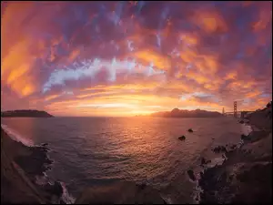 Cieśnina Golden Gate, Stany Zjednoczone, Most, Chmury, Kalifornia, Golden Gate Bridge, Zachód słońca, San Francisco