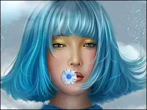 Niebieskowłosa dziewczynka z rumiankiem w ustach