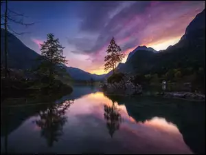 Niemcy, Jezioro Hintersee, Bawaria, Chmury, Gmina Berchtesgaden, Skały, Drzewa, Góry, Domy