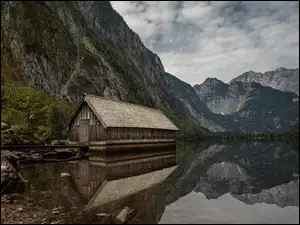 Niemcy, Góry, Bawaria, Domek, Kamienie, Alpy, Jezioro Obersee, Park Narodowy Berchtesgaden, Drewniany