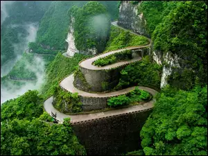 Chiny, Góry, Hunan, Droga, Zhangjiajie National Forest Park, Góra Tianmen, Drzewa, Zalesione, Kręta