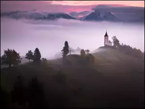 Mgła, Wzgórze, Słowenia, Kościół św Primusa i Felicjana, Wieś Jamnik, Drzewa, Góry