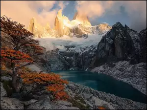 Jezioro, Argentyna, Szczyt, Drzewo, Patagonia, Fitz Roy, Chmury, Góry