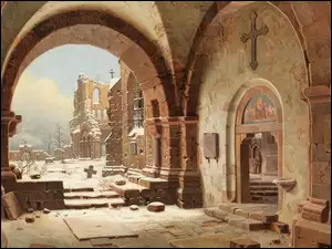 Widok ruin kościoła zimą na obrazie Georga Carla Adolpha Hasenpfluga