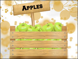 Tabliczka z napisem Apples w skrzynce z jabłkami