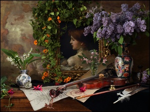 Obraz kobiety obokkwiatów bzu i konwalii