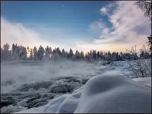 Śnieg, Drzewa, Poranek, Zima, Zaspy, Potok, Rzeka