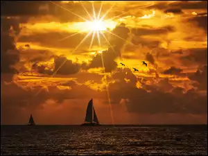 Żaglówki na morzu o zachodzie słońca