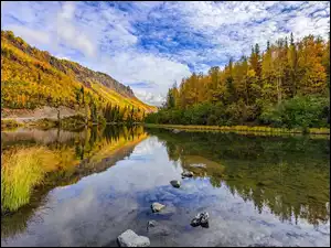 Jezioro, Long Lake, Stany Zjednoczone, Jesień, Nowy Jork, Odbicie, Drzewa