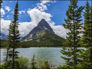 Stan Montana, Park Narodowy Glacier, Drzewa, Stany Zjednoczone, Góry, Szczyt Grinnell Point, Jezioro Swiftcurrent Lake