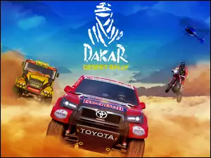 Plakat, Dakar Desert Rally, Pustynia, Motocykl, Helikopter, Samochody, Iveco, Gra, Toyota