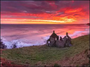 Szkocja, Morze, Ruiny, Zachód słońca