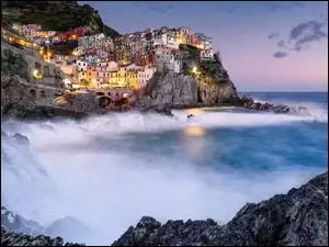 Morze Liguryjskie, Włochy, Region Liguria, Domy, Skały, Manarola