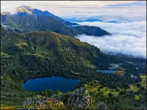 Niskie Taury, Jeziora, Austria, Góry, Drzewa, Mgła, Opadająca