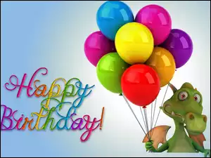Smok z kolorowymi balonikami i życzeniami urodzinowymi