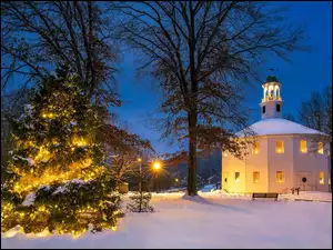 Drzewa, Stan Wirginia, The Old Round Church, Choinka, Kościół, Richmond, Zima, Stany Zjednoczone, Boże Narodzenie