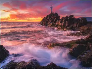Latarnia morska, Morze, Skały, Kanada, Cape Roger Curtis Lighthouse, Zachód słońca