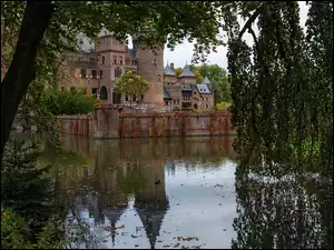 Park, Drzewa, Holandia, Zamek de Haar, Gmina Utrecht, Haarzuilens, Staw