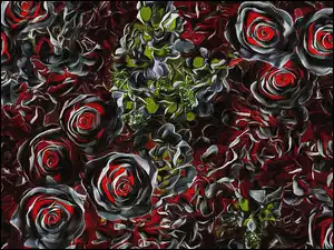 Grafika, Kwiaty, Czarno-czerwone, Róże