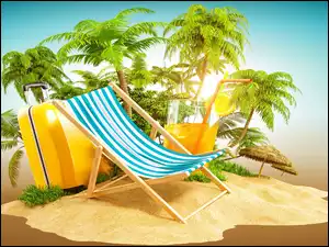 Leżak na plaży z walizką i sokiem pod palmami w grafice 3D