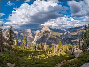 Stan Kalifornia, Park Narodowy Yosemite, Chmury, Stany Zjednoczone, Sierra Nevada, Góry, Drzewa