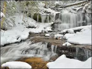 Wagner Falls, Zima, Rzeka, Michigan, Śnieg, Wodospad, Stany Zjednoczone, Drzewa