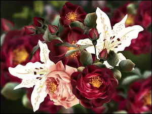 2D, Kwiaty, Róże, Lilie