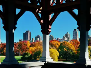 Nowy Jork, Jesień, Drzewa, Manhattan, Central Park, Wieżowce, Stany Zjednoczone, Kolumny