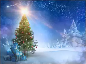 Świąteczna choinka z prezentami na śniegu