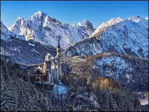 Zima, Bawaria, Neuschwanstein, Zamek, Góry