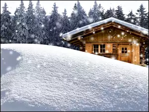 Drewniany domek pod lasem zimą