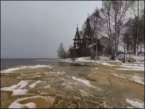 Drzewa, Zima, Jezioro, Cerkiew