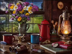 Bukiet kwiatów przy oknie, dzbanek, lampa i kolorowe garnuszki na stole