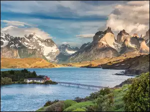 Wyspa, Domy, Chile, Jezioro, Patagonia, Góry, Most