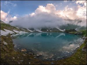 Góry, Jezioro, Chmury, Gruzja, Kaukaz, Imeretia