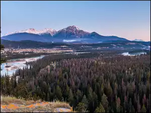 Drzewa, Rzeka, Kanada, Góry Skaliste, Alberta, Domy, Park Narodowy Jasper