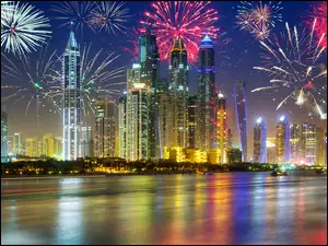 Noc, Fajerwerki, Dubaj, Zjednoczone Emiraty Arabskie, Wieżowce