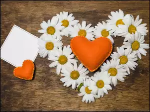 Pomaranczowe serce posrod margerytek i poduszkę w kształcie serca obok karty