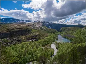 Park Narodowy Rago, Norwegia, Lasy, Chmury, Góry, Rzeka