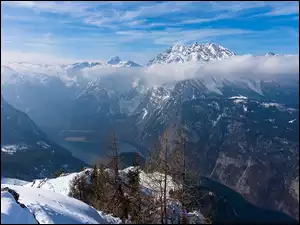 Góry, Zima, Śnieg, Niemcy, Alpy Berchtesgadeńskie, Drzewa