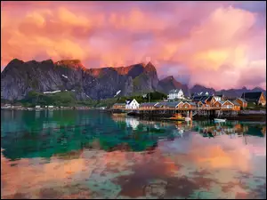 Lofoty, Morze, Niebo, Norwegia, Kolorowe, Domy, Góry